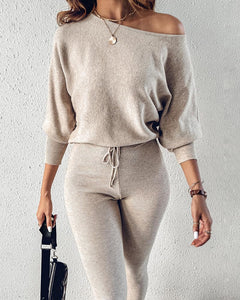 CHICME 2 Piece Lounge Outfit Long Sleeve Knit Pullover Tops Drawstring Pants Set Tracksuit Sweatsuit Beige-XL