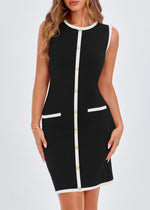 Load image into Gallery viewer, KIRUNDO Women&#39;s Semi Formal Business Casual Dress 2025 Summer Elegant Knit Slim Fit Color Block Button Work Office Dresses(Black, Medium)
