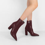 Load image into Gallery viewer, YODEKS Womens Ankle Boots Chunky Heel Short Ankle Booties Rivet Beaded Studded Pointed Toe 3.7 Inch High Block Heel Burgundy Boots Size 7.5
