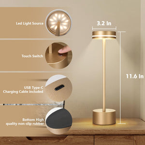 2 Pack Cordless Table Lamp Rechargeable, 3 Way Dimmable Touch Lamp & 5000mAh Long Battery Time, Portable Small Metal Light for Reading/Office/Bedroom/Dining/Nightstand/Desk, Gift for Home Décor – Gold
