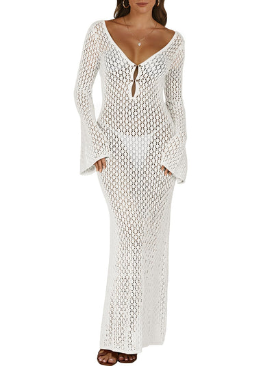 ANRABESS Womens Swimsuit Swim Crochet Cover Up 2025 Summer Knit Bathing Suit Sexy Swimwears Vacation Bodycon Beach Dress White Medium