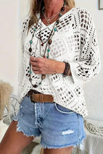 Load image into Gallery viewer, Allimy Womens Summer Sexy Tops for Women 2026 Crochet Coverups Long Sleeve Sweaters V Neck Beach Cover ups Resort Wear Vacation Cruise Outfits Boho Clothes White US 8 10
