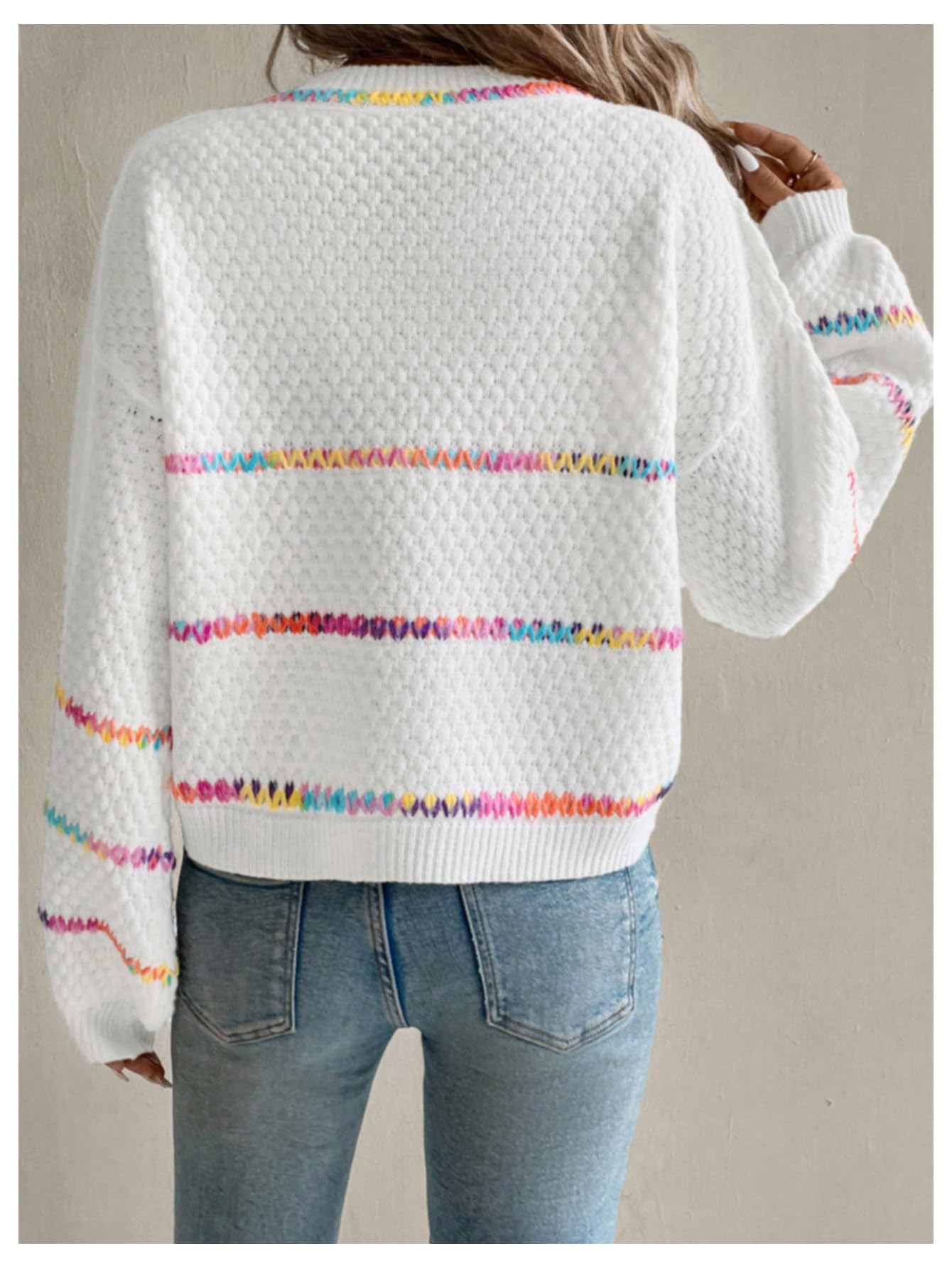 Verdusa Women's Striped Oversized Sweaters Vacation Drop Shoulder Pullover Fall Cozy Sweater for Women White X-Small
