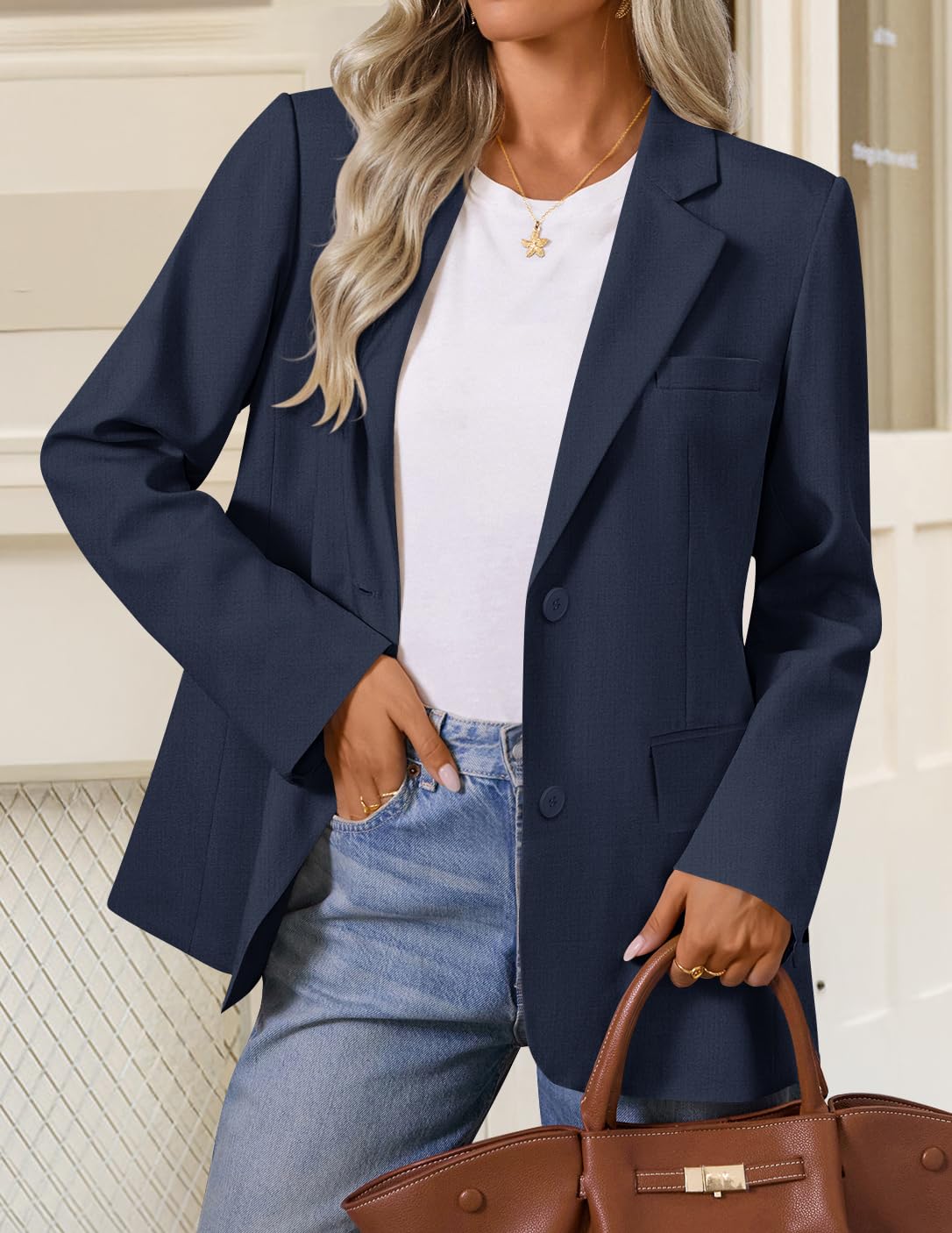 ZESICA Business Casual Blazers for Women 2025 Fall Work Office Jackets Lapel Open Front Blazer Outfits with Pockets,Navy,Small