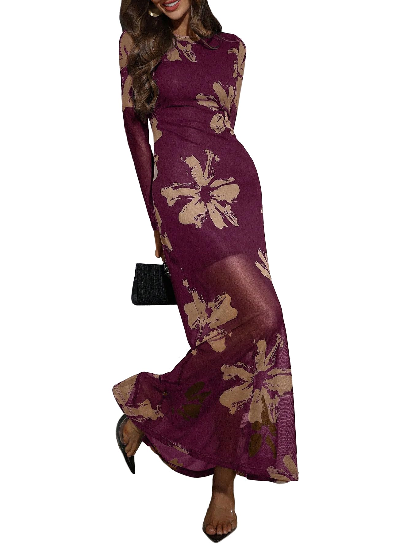 Verdusa Women's Floral Mesh Maxi Dresses Long Sleeve Elegant Formal Fall Wedding Guest Dress Cocktail Slimming Dress Wine Red Medium