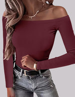 Load image into Gallery viewer, OwnTime Womens Off The Shoulder Tops Sexy Long Sleeve Shirts Fall Ribbed Knit Slim Fit Going Out Trendy Tops Blouses Burgundy M
