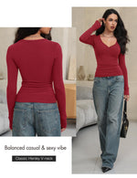 Load image into Gallery viewer, Prettywear Women Long Sleeve Henley Shirts V Neck Button Tight Slim Fitted Top Going Out Tees 2025 Trendy Spring Fall (Wine Red, L)
