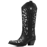 Load image into Gallery viewer, SaraIris Black Knee High Cowboy Boots for Women - Size 8.5, Chunky Heel, Pointed Toe, Rhinestones
