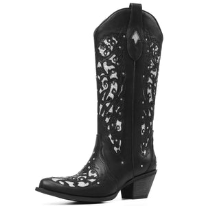 SaraIris Black Knee High Cowboy Boots for Women - Size 8.5, Chunky Heel, Pointed Toe, Rhinestones