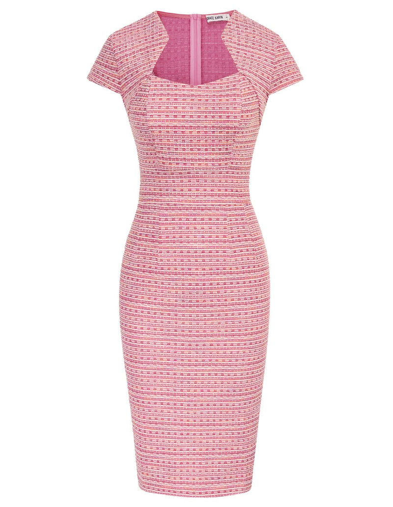 GRACE KARIN Women's Pink Dress Elegant Cap Sleeve Tweed HIPS-Wrapped Pencil Dress for Cocktail