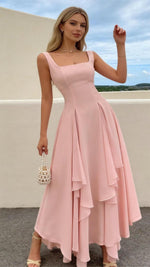 Load image into Gallery viewer, AoeYadtui Elegant Square Neck A-Line Midi Dress Flowy Chiffon Formal Evening Dress for Wedding Guest Bridesmaid Party Pink
