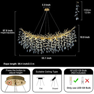 kvtinmty Modern Crystal Gold Chandelier, 55" Large Rectangular Oval Tree Branch Crystal Chandeliers for Dining Room,16-Light Flush Mount K9 Crystal Chandeliers, for Kitchen Island,Dining Room