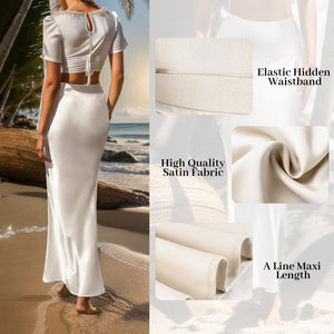 Outoshe Women's Satin High Waisted Maxi Skirts Hidden Elasticized Waistband A Line Long Skirt Beige