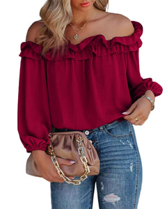 evnanic Women's Sexy Off The Shoulder Tops Long Sleeve Shirt Pleated Ruffle Flowy Blouses Spring Bright Red M