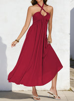 Load image into Gallery viewer, Long Flowy Dresses for Women 2026 Red Beach Vacation Resort Wear Ladies Sexy Cute Low Back Halter Maxi High Waisted Full Length Dress M
