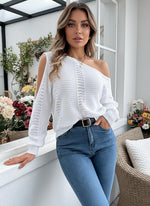 Load image into Gallery viewer, ACWUMU Womens Off Shoulder Crochet Sweater Fall Fashion 2025 Knit Tops Casual Long Sleeve Pullover Sweaters White
