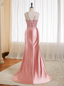 Beaded Satin Prom Dresses 2025 Lace Appliques Corset Long Mermaid Formal Evening Gowns with Slit Light Blue US0