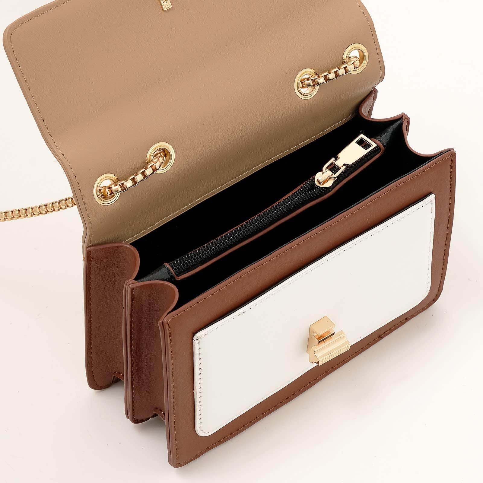 Crossbody Bags Cute Faux Leather Trendy Cross Body Bag for Women Small Color-Block Designer Handbags Ladies Satchel Chain Strap Shoulder Bag Brown Beige