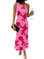 Load image into Gallery viewer, Caracilia Womens Floral One Shoulder Formal Dress Summer Elegant Bodycon Mesh Wedding Guest Cocktail Party Long Maxi Dresses Hot Pink Medium
