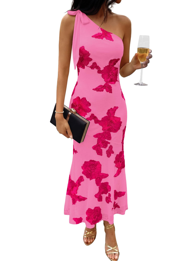 Caracilia Womens Floral One Shoulder Formal Dress Summer Elegant Bodycon Mesh Wedding Guest Cocktail Party Long Maxi Dresses Hot Pink Medium