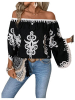 Load image into Gallery viewer, GORGLITTER Women&#39;s Off The Shoulder Bell Long Sleeve Top Allover Print Blouse Shirts Black Large

