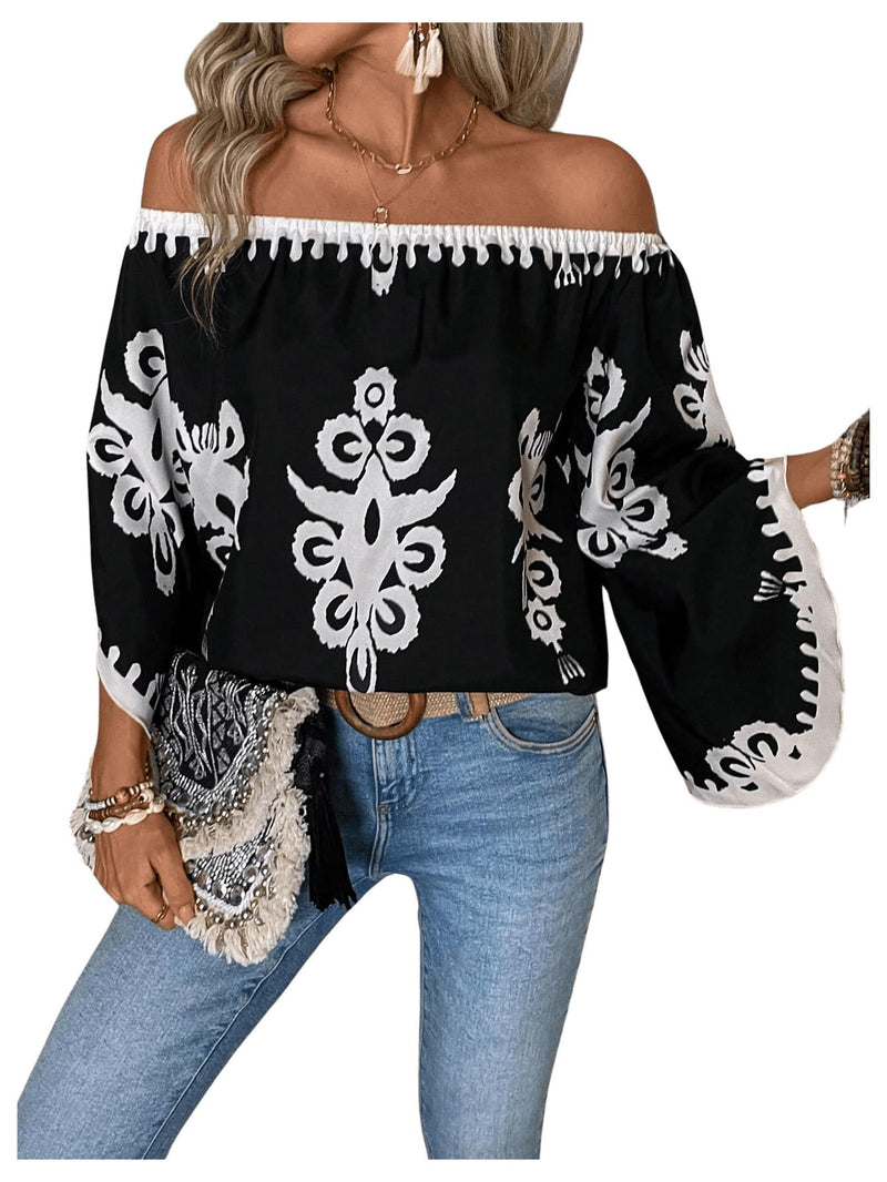 GORGLITTER Women's Off The Shoulder Bell Long Sleeve Top Allover Print Blouse Shirts Black Large