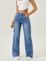 Load image into Gallery viewer, Women High Waisted Cargo Jean for Women with 6 Pockets Straight Wide Leg Jean Casual Baggy Pants Blue
