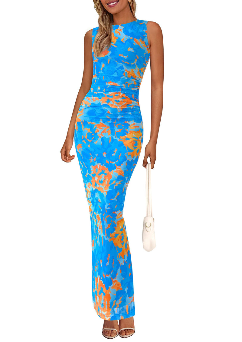 PRETTYGARDEN Wedding Guest Dresses for Women 2025 Summer Spring Floral Bodycon Sleeveless Mesh Maxi Long Dress(Floral Blue,Medium)