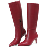 Load image into Gallery viewer, COMFITORIA Knee High Boots for Women Pointed Toe Stiletto Kitten Heel Tall Boots Fashion Side Zipper Wide Calf Boot Fall Winter Sexy Fashion Dress Shoes Botas Negras, Red, Size 7.5
