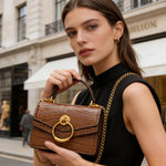 Load image into Gallery viewer, FEIMINA Croc Embossed Top Handle Handbag for Women Leather Mini Crossbody Purse with Gold Chain Strap Ring Closure Evening Bag for Ladies Girls (7.3" L x 5.5" H, Brown)
