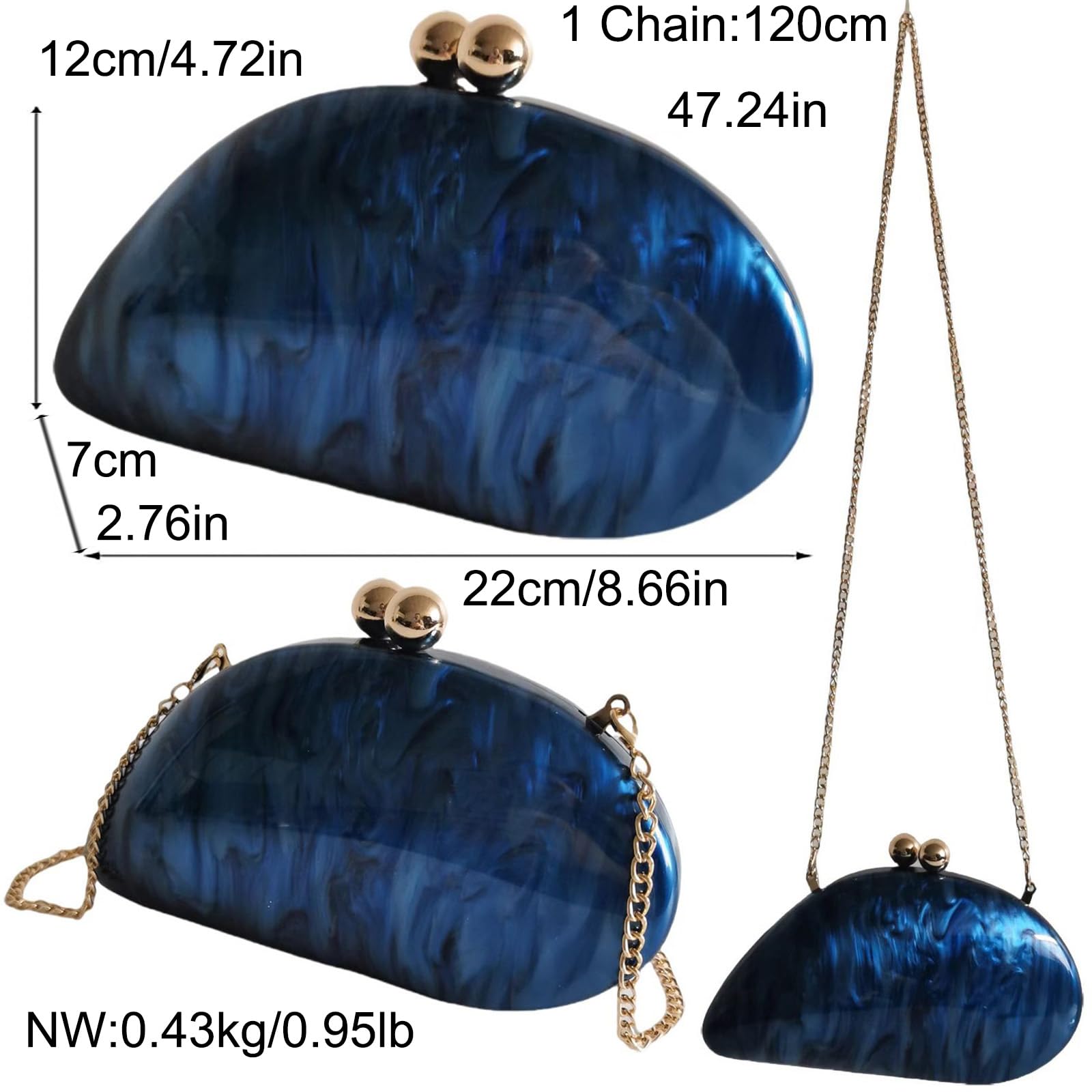 louceko Women Trendy Chain Crossbody Shoulder Bag Handbag Acrylic Wedding Evening Bag Shell Formal Clutch Purse, Blue 2503