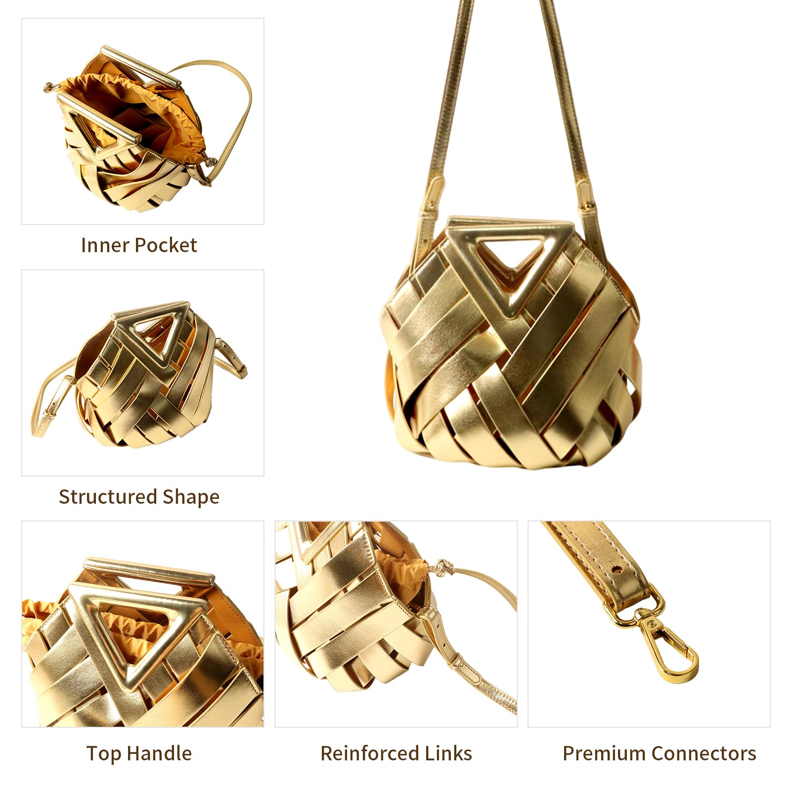 Designer Inspired Woven Bucket Bag for Women, Vegan Leather Multi-functional Crossbody Tote Purse Retro Style (Gold)