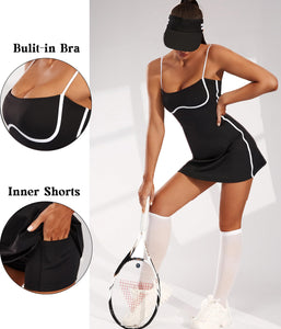 Move With You Womens Workout Tennis Dress with Built-in Bra & Shorts Pockets Sleeveless Exercise Golf Dresses(Black,S1)