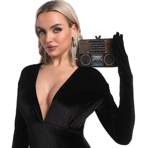 Boutique De FGG Retro Crystal Clutch Purses for Women Luxury Rhinestone Evening Bag Novelty Formal Party Clutch Handbag,Mini,Black Boombox