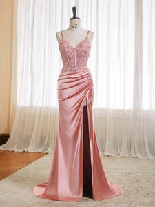 Beaded Satin Prom Dresses 2025 Lace Appliques Corset Long Mermaid Formal Evening Gowns with Slit Light Blue US0