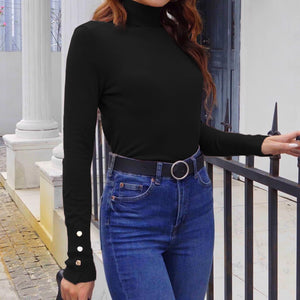 Hyipels Women's Turtleneck Sweater Long Sleeve Fitted Lightweight Soft Knit Pullover with Metal Buttons Black