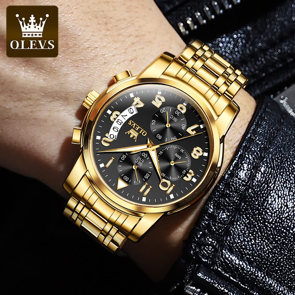 OLEVS Watches for Men,Mens Watches,Mens Gold Watch Big Large Face Black and Gold Waterproof Stainless Steel Dress Chronograph Luxury Water Resistant Fashion Roman Numerals Wrist Watch,Reloj Hombre