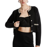 Load image into Gallery viewer, URBAN REVIVO Womens Cropped Cardigan Sweaters Open Front Casual Long Sleeve Knit Pearl Button Down Crew Neck Jacket 2025 Black, Medium

