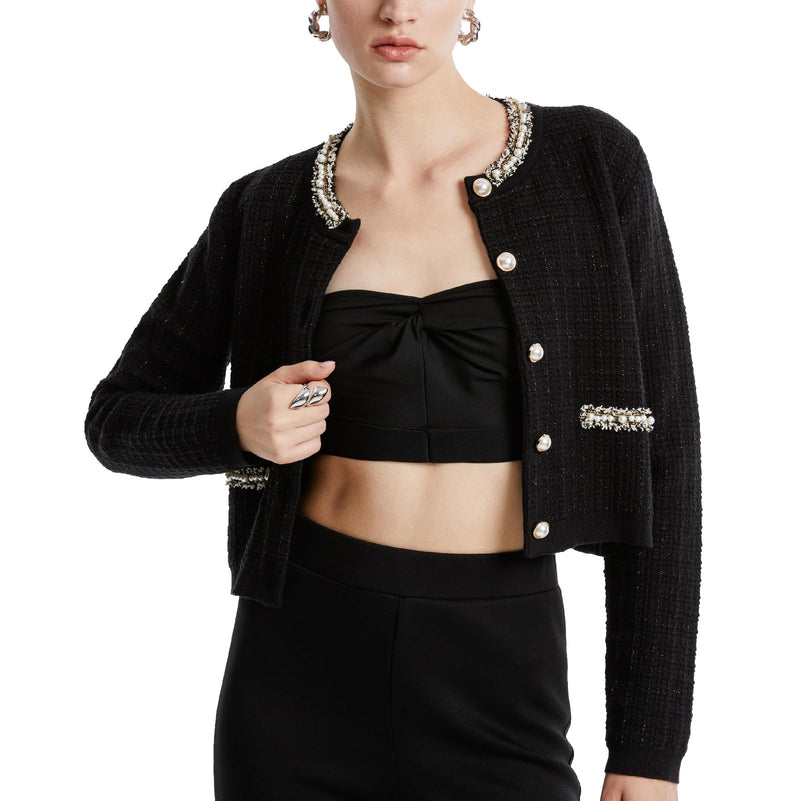 URBAN REVIVO Womens Cropped Cardigan Sweaters Open Front Casual Long Sleeve Knit Pearl Button Down Crew Neck Jacket 2025 Black, Medium