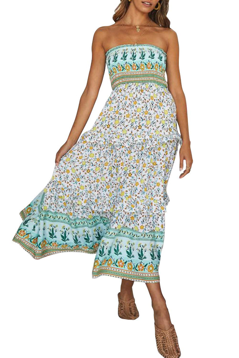 ZESICA Women's Summer Boho Strapless Maxi Dress 2026 Casual Off Shoulder Smocked Floral Flowy A Line Beach Long Dresses,Light Green,Medium