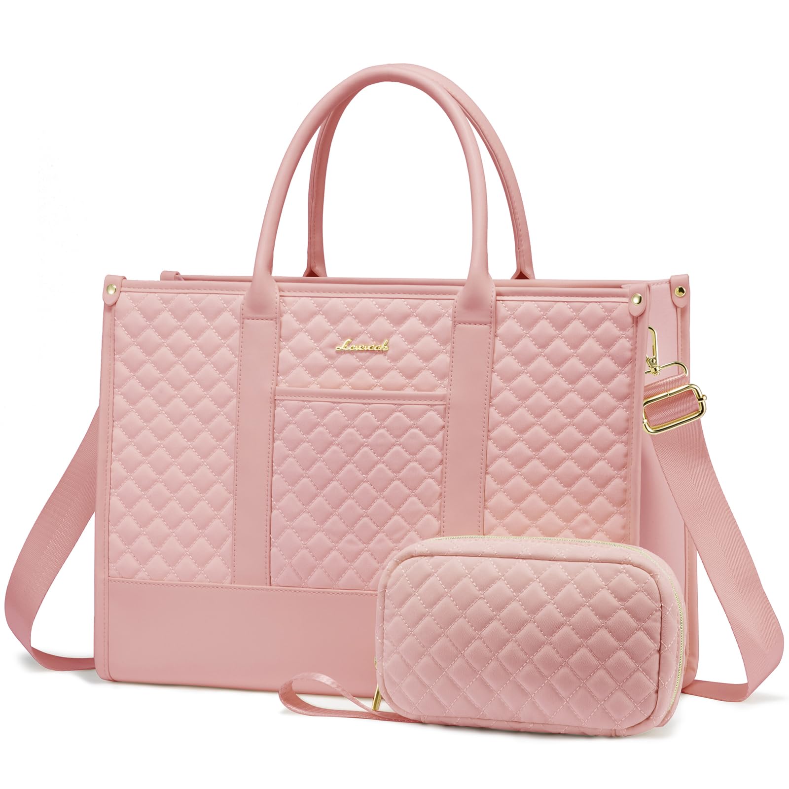 LOVEVOOK Laptop Bags for Women, 15.6 inch Waterproof Work Tote Bag with Clutch, Professional Teacher Computer Purse Lightweight Shoulder Bag Travel, Quilted Pink