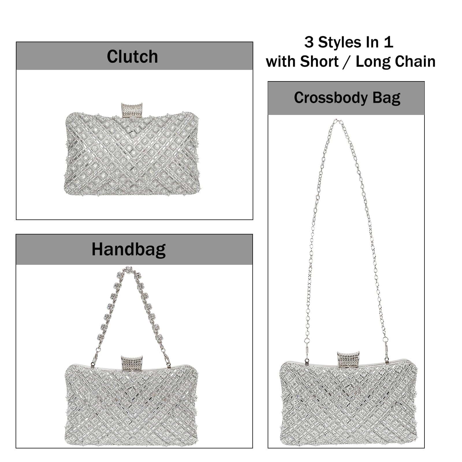 COAIMANEY Women Sparkly Rhinestone Clutch with Chains, Glitter Evening Handbag Purse Shoulder Bag for Wedding Party Prom