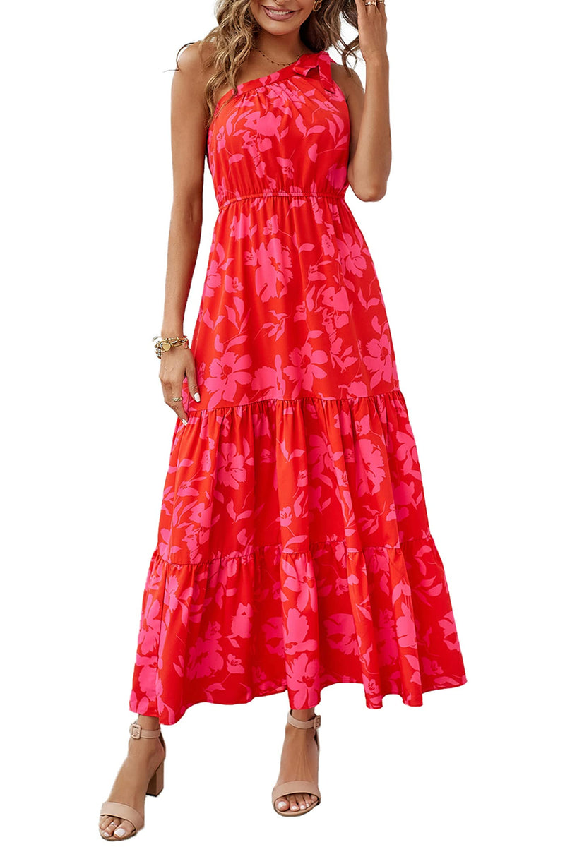 PRETTYGARDEN Women's Summer Floral Maxi Dress Knot One Shoulder Sleeveless Ruffle Flowy Boho Beach Wedding Guest Dresses (Red Floral,Small)