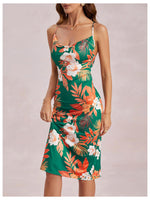 Load image into Gallery viewer, WDIRARA Women's Floral Print Cowl Neck Sleeveless Ruched Split Thigh Satin Cami Summer Dress Green Tropical S
