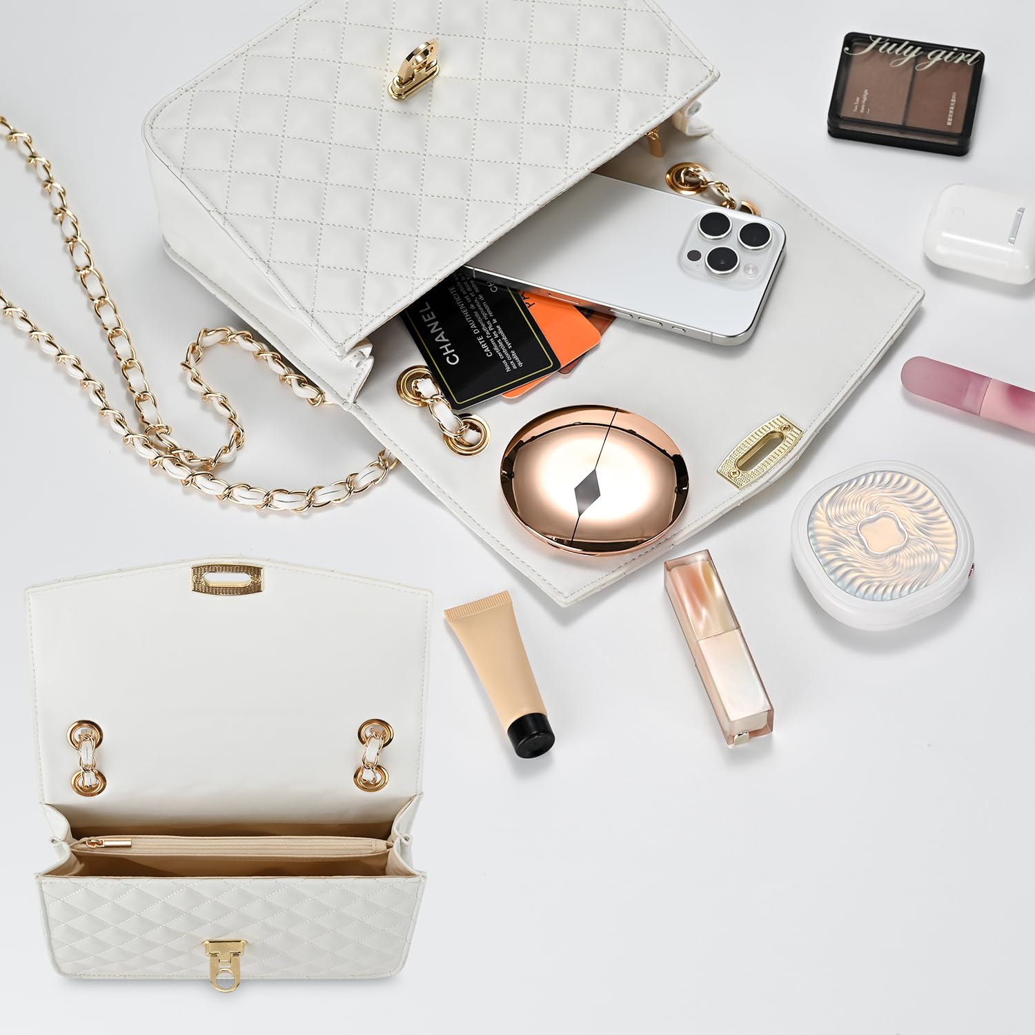 GM LIKKIE Quilted Shoulder Bag for Women, Medium Flap Crossbody Handbag with Chain Strap, Soft Vegan Leather Clutch Purse (White)