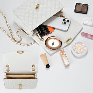 GM LIKKIE Quilted Shoulder Bag for Women, Medium Flap Crossbody Handbag with Chain Strap, Soft Vegan Leather Clutch Purse (White)