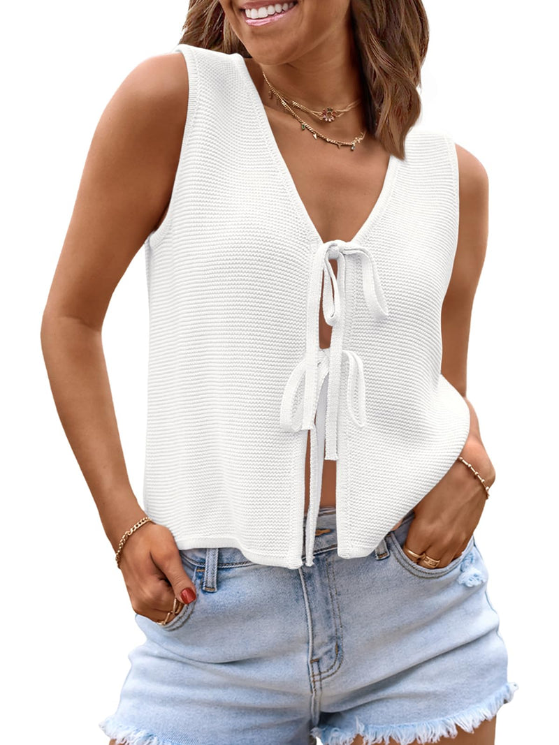 LILLUSORY Womens Crochet Tops Summer Vacation Outfits Beach Fashion 2025 Cute Casual Clothes Spring Tie Front Sweater Vest White M