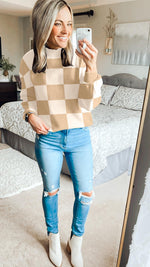 Load image into Gallery viewer, ZESICA Women's 2025 Fall Fashion Turtleneck Long Sleeve Striped Ribbed Knit Loose Pullover Sweater Tops Khaki Plaid Medium
