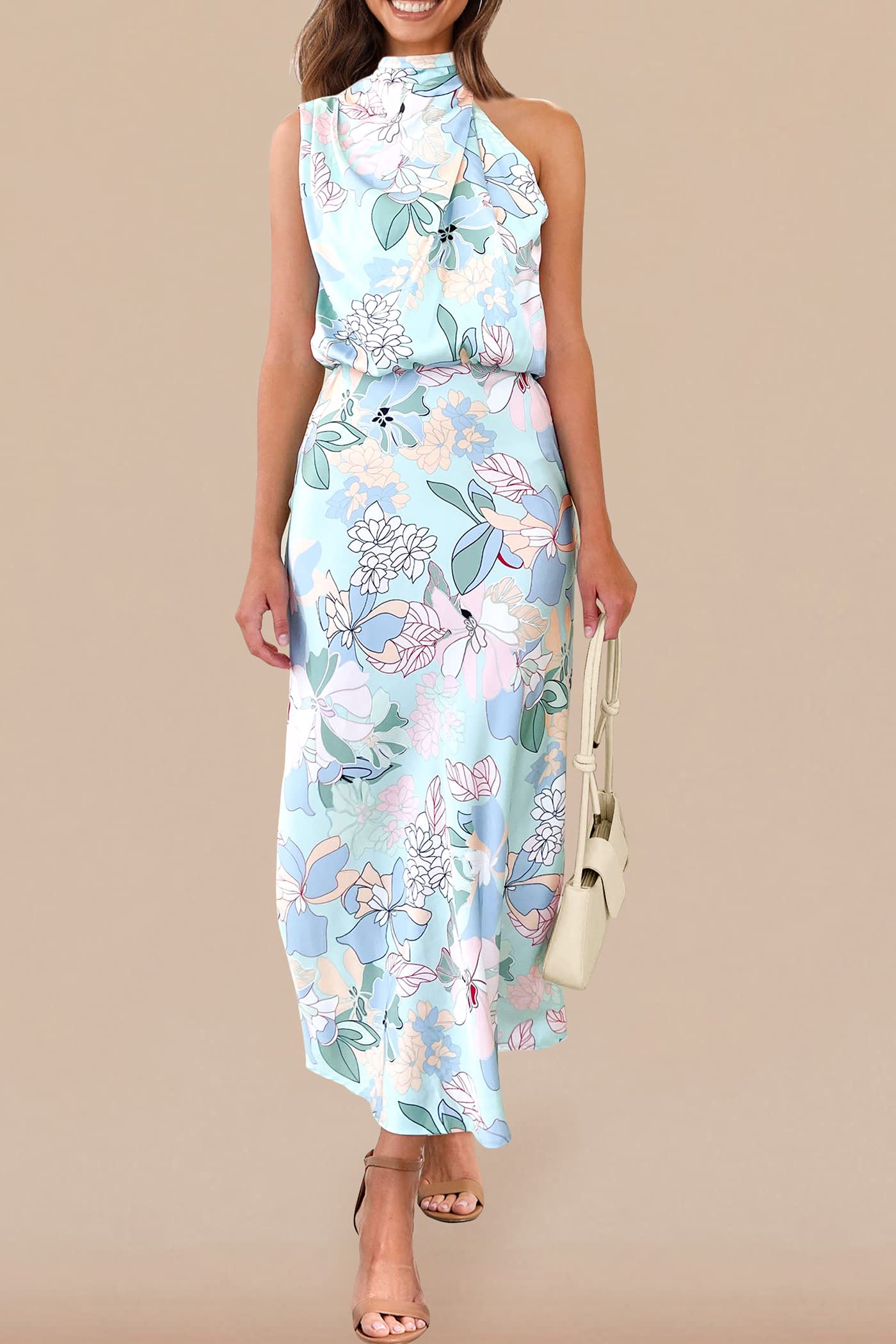 PRETTYGARDEN Women's 2025 Summer Satin Dress Elegant Sleeveless Mock Neck Cocktail Party Maxi Dresses (Print Blue,Medium)