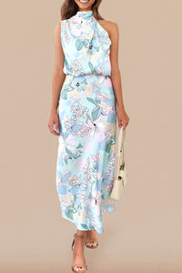 PRETTYGARDEN Women's 2025 Summer Satin Dress Elegant Sleeveless Mock Neck Cocktail Party Maxi Dresses (Print Blue,Medium)